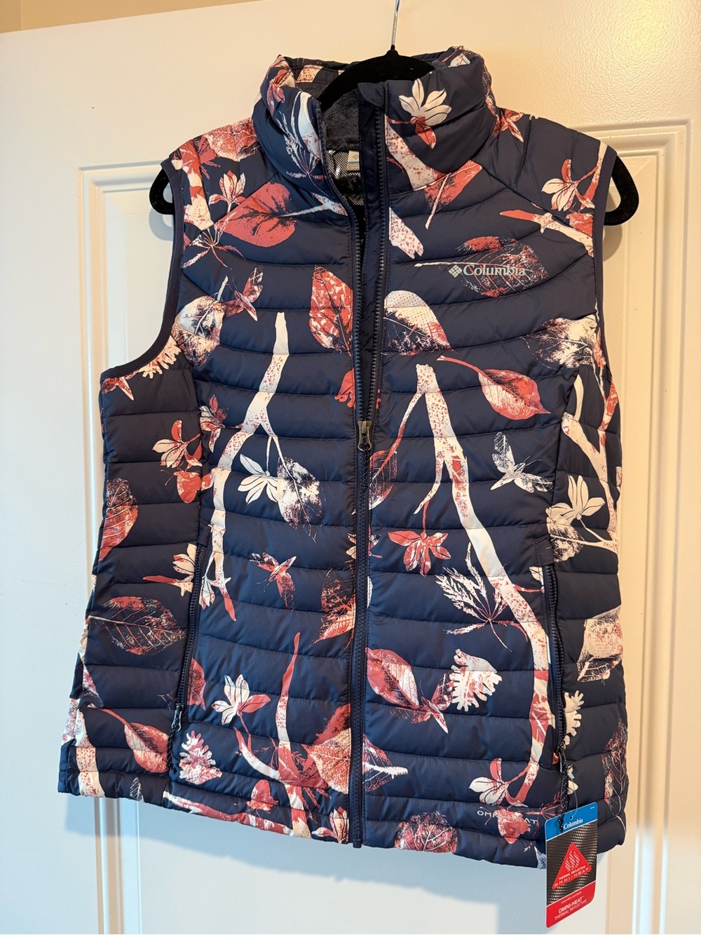 Columbia Navy Floral Packable Puffer Vest with Coral & Cream Accents
